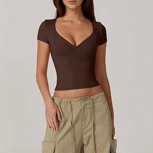 Yassiglia Damen Basic T-Shirt Y2K Crop Top Slim Fit Unterziehshirt Sommer Leichte Oberteile Sweetheart Ausschnitt Kurzarm Shirts thumbnail 4