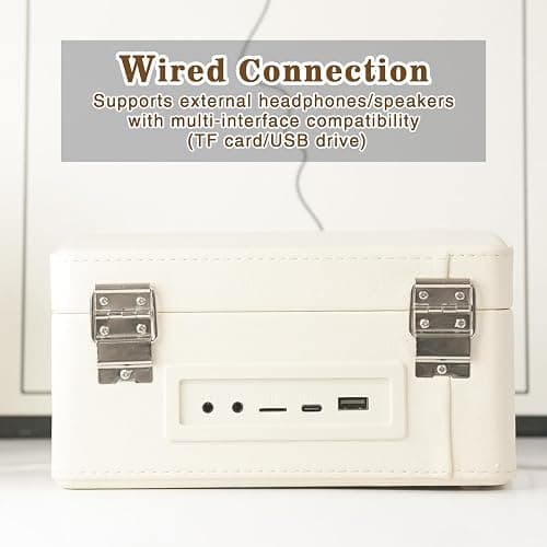 WhatPlus Portable CD Player with Bluetooth 5.2, Rechargeable Battery & Built-in Speakers – Hi-Fi Retro Suitcase Design for Home Decor, AUX/TF Card Support – Ideal Gift (Vintage White) thumbnail 5
