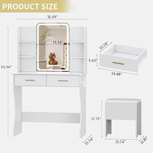 Vanity Desk with LED Lights Mirror & Power Outlet, Small Makeup Vanity Table Set with Storage Drawers & Chair, 3 Lighting Modes & Adjustable Brightness, Dressing Table for Women Girls Bedroom, White thumbnail 2