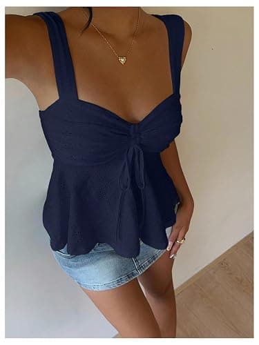 Milumia Women's Eyelet Tie Front Ruched Tank Tops Y2k Going Out Peplum Top | Babydoll, Sexy Slim Fit, Sleeveless, Flowy, Summer, Beach Vacation Outfits, Country Concert thumbnail 2