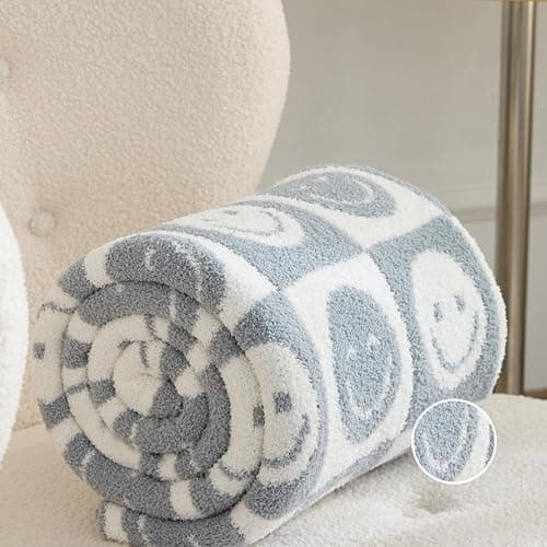 Throw Blankets with Smiley Faces Checkered Reversible Soft Cozy Warm Baby Blanket for Bed Sofa Travel (Grid Smile,Slate Gray,51"x63") thumbnail 3