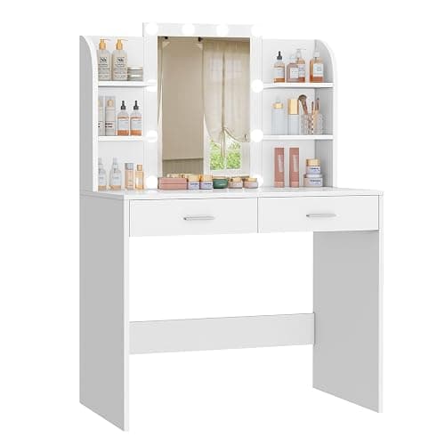 TEENFON Vanity Desk with Mirror & Lights, Makeup Vanity with 6 Shelves, Dressing Table with 2 Drawers, 3 Color Light Adjustable for Bedroom, Modern, White - Image 1