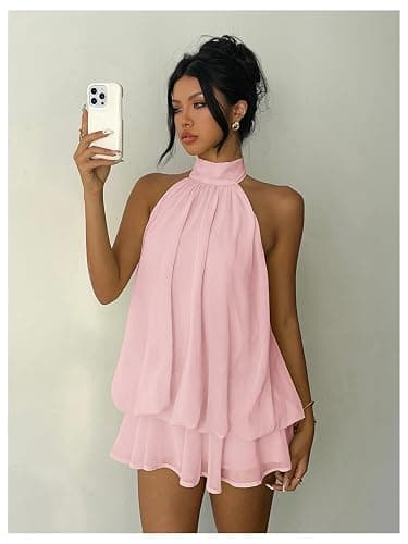 Verdusa Women's Chiffon Halter Drop Waist Wedding Guest Dresses Ruffle Summer Loose Fit Mini Dress Brunch Outfits thumbnail 4
