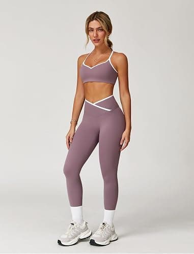 ABOCIW Workout Sets for Women 2 Piece Color Block Strappy Sports Bra High Waist Leggings Gym Yoga Pilates Outfits thumbnail 3
