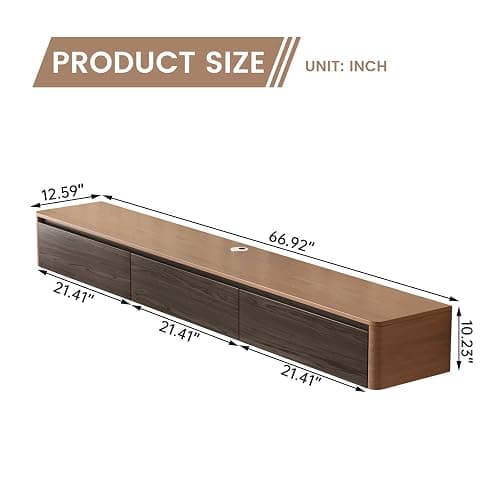 TreLined 66.92" Floating TV Stand for TVs up to 75", Mid Century Farmhouse Wall-Mounted TV Cabinet, Media Console Table with 3 Storage Drawers, Floating TV Cabinet for Living Room, Bedroom, Walnut - 1 Pack: 66.92" thumbnail 2