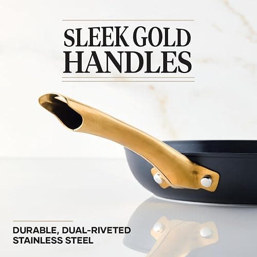 Farberware Forged Induction Ceramic Nonstick Pots and Pans Set with Lids and Kitchen Cooking Tools - Dishwasher Safe, Suitable for All Stovetops, 12 Piece Cookware Set - Black and Gold thumbnail 6