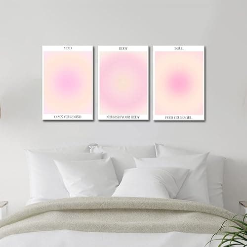 Trendy Aesthetic Canvas Wall Art Aesthetic Set of 3 | Gradient Psychedelic Aura Angel Posters Prints Room Decor | Pink Wall Art Decor for Bedroom, Living Room - Framed 16x24 Inch - 16"x24"x3 Framed - Pink thumbnail 9