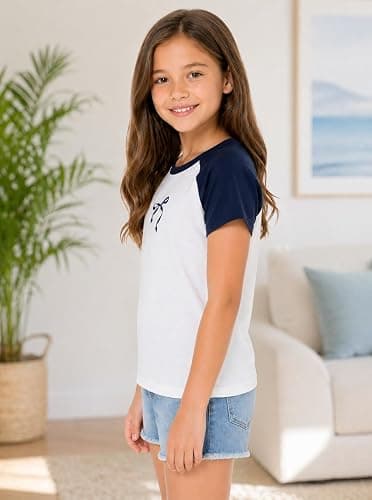 Ecolala Girls Shirts Crew Neck Contrast Raglan Short Sleeve Bow Graphic Tees Cotton Casual Cute Summer Tops thumbnail 3