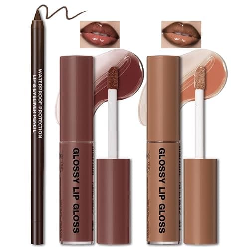 HOSAILY 2 Colors Nourishing Lip Gloss Hydration Non-Sticky Plumping Lip Kit for Women, Natural Nude Tinted Lip Glow Oil Moisturizing Lightweight Long Wear Shiny Liquid Lipstick with Lip Liner Combo - Image 1