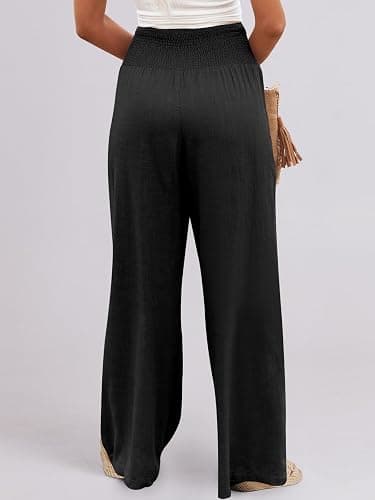 ANRABESS Women Linen Palazzo Wide Leg Pants with Pockets | Smocked High Waist，Comfort Casual Flowy Pants，Lounge Everyday Wear，Summer Boho Cute，2026 Beach Travel Vacation Outfits thumbnail 9
