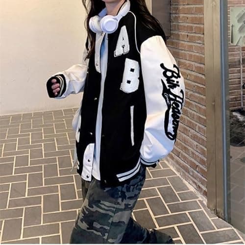CEINOM Y2k Vintage Bomber Jacket Women Harajuku Fashion College Uniform Varsity Baseball Jackets Oversized Sweatshirt Coat thumbnail 2