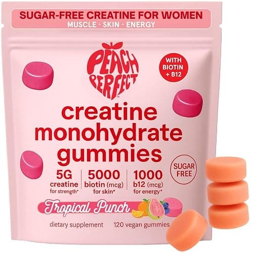 Peach Perfect Creatine Monohydrate Gummies for Women, 5g Creatine + 5000mcg Biotin & 1000mcg B12, Vegan, Gluten-Free, Non-GMO, Tropical Punch, 30 Servings - Image 1