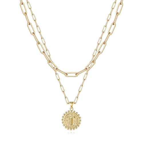 Yoosteel Christmas Gifts for Women, Gold Initial Necklaces for Women 14K Gold Plated Dainty Layering Paperclip Link Chain Necklace Coin Initial Layered Necklace Birthday Gifts Stocking Stuffers - Image 1