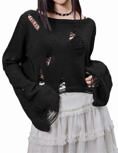 Goth Y2K Striped Sweater Grunge Ripped Punk Gothic Sweaters for Women Harajuku Aesthetic Halloween Pullover Tops - Image 1