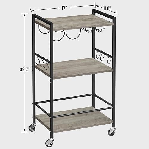 TUTOTAK Bar Cart, Home Bar Serving Cart, Small Wine Cart with 3-Tier Shelf, Beverage cart, Drink Cart with Wine Rack and Glass Holder, Rolling bar carts for The Home, Living Room, Greige BC01BG035 thumbnail 2