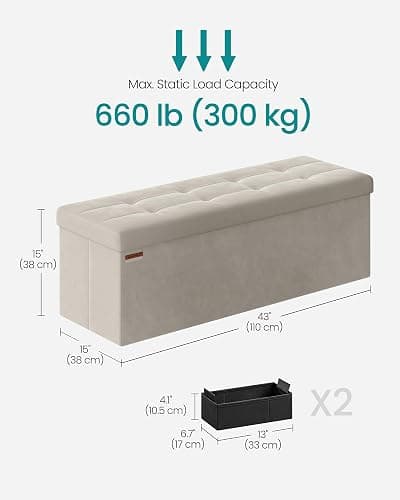SONGMICS Mazie Collection - Storage Ottoman Bench, Foldable Foot Rest, 15 x 43 x 15 Inches, End of Bed Bench, Storage Chest, Load 660 lb, Living Room, Bedroom, Entryway, Cream White ULSF277W01 thumbnail 2