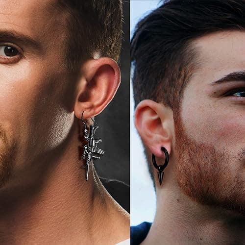 16 Pairs Stainless Steel Punk Y2K Black Dangle Earrings for Men, Axe Skull Screw Cone etc Huggie Hoop Long Chain Piercing Hoop Earrings Set for Unisex Earrings for Women thumbnail 7