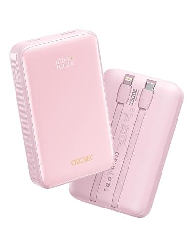 Qecvec Power Bank,Portable Charger 20000mAh with 2 Built-in Cables, 22.5w Fast Charging Battery Pack, LED Display Backup Battery, Travel Battery Pack for iPad, iphone Samsung and More (Pink) - Image 1