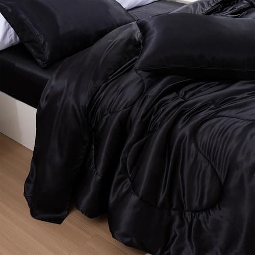 A Nice Night Satin Silky Soft Quilt Luxury Super Soft Microfiber Bedding Thin Comforter Set Full/Queen, Light Weighted (Black, Queen) - Black - Queen thumbnail 5