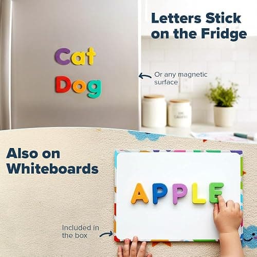 Magnetic Letters and Numbers for Children – The Complete Set: 182 Letters and 81 Numbers & Symbols – Thick Foam Fridge Magnets for Kids - Includes 2 Storage Boxes, Magnetic Board, Pens and Eraser thumbnail 6