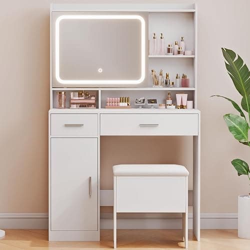 Hogxp Vanity Desk with Sliding Mirror & Power Outlets - Dimmable LED Lighting, 4 Open Shelves, 2 Drawers, 1Storage Cabinet & Padded Stool - Ideal Bedroom Makeup Dressing Table （White） thumbnail 7