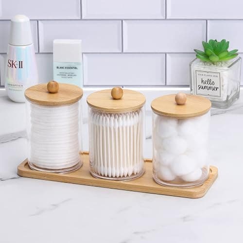 Tbestmax 10 Oz Cotton Swab/Ball/Pad Holder, Qtip Apothecary Jar, Clear Bathroom Containers Dispenser for Storage 3 Pack Wood Lids thumbnail 7