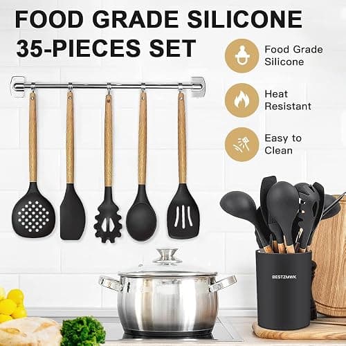 Cooking Utensils Set- 35 PCs Kitchen Utensils with Grater,Tongs, Spoon Spatula &Turner Made of Heat Resistant Food Grade Silicone and Wooden Handles Kitchen Gadgets Tools Set for Nonstick Cookware thumbnail 4