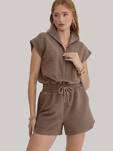 Btaiuo Rompers for Women Summer Short Sleeve Half Zip Lapel Collar Jumpsuit Casual Drawstring One Piece Outfits with Pockets thumbnail 2