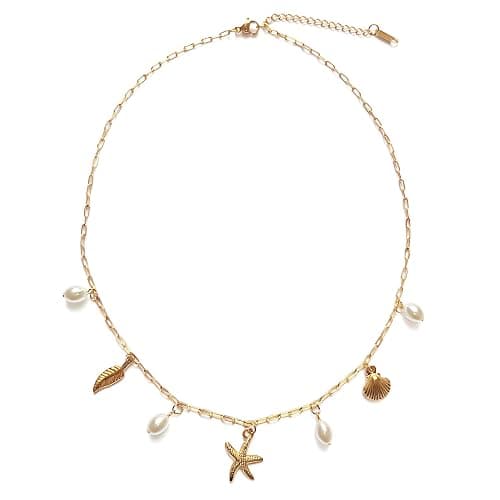 Rumgey Charm Necklace for Women - Dainty Paperclip Beach Charm Necklace Cute Shell Necklace Moon Star Accessory Beach Cross Hexagram Pendant Preppy Stuff Summer Jewelry for Women - Image 1