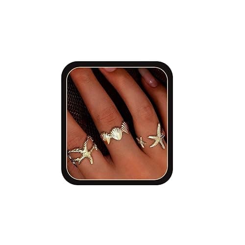 3Pcs Gold Set Seashell Starfish Ring For Women, 18k Gold Dainty Summer Beach Wave Stackable Open Rings Adjustable Surfer Fashion Beachy Jewelry Gifts - Gold - 3Pcs - Image 1