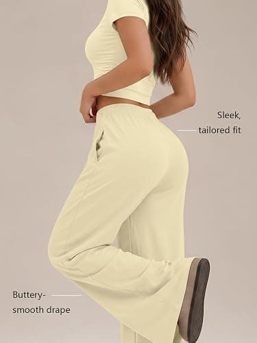 Trendy Queen Women's 2 Piece Matching Summer Lounge Set with Pockets | Vacation Airport Travel Outfits, Workout Gym Clothing Comfy Athleisure Clothes, Side-ruched Top, Drawstring Wide Leg Pants thumbnail 4