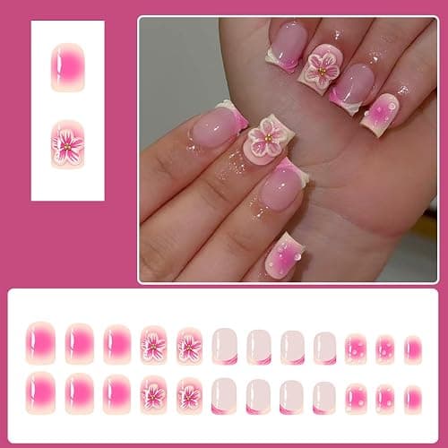 Square Press on Nails Short French Tip Fake Nails with Design 3D Flower Acrylic Nails Gradient Pink Glue on Nails Summer Nails Cute False Nails Coffin Artificial Stick on Nails for Women DIY 24Pcs thumbnail 2