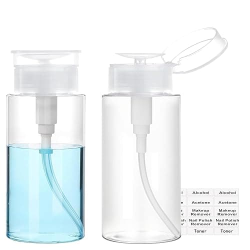 Push Down Pump Dispenser, 3.4oz Clear Pump Bottles with Alcohol, Acetone, Nail Polish Remover, Makeup Remover, Toner Stickers Empty Push Top Container for Liquid (100ml-2Pack) - Image 1