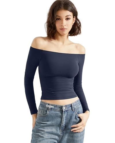 SUUKSESS Women Off Shoulder Double Lined Long Sleeve Shirts Basic Going Out Tops thumbnail 6