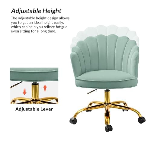 HULALA HOME Velvet Home Office Chair with Gold Base, Womans Modern Cute Shell Back Upholstered Desk Chair for Vanity, Adjustable Swivel Task Chair for Living Room, Sage thumbnail 4