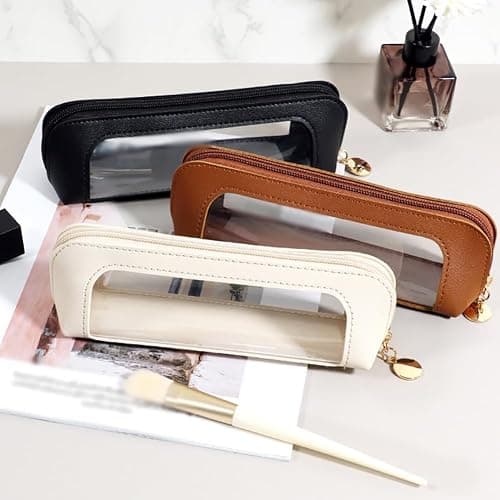 UUYYEO Clear PU Leather Makeup Bag Portable Makeup Brush Pouch Cosmetic Organizer Zipper Pouch Travel Makeup Storage Bag Small Toiletry Pouches Lipstick Organizer Bag Brown thumbnail 4