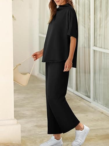 Yousify Women's Two Piece Sets 3/4 Batwing Sleeve Capelet Crew Neck Pullover Top Wide Leg Pants Lounge Set Travel Outfits thumbnail 3