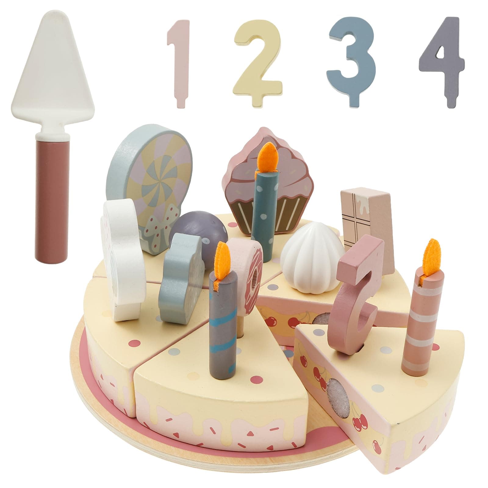 Wooden Birthday Cake Toy, Cutting Cake Play Toy Playset Safe Party Cake Pretend Toy Play Food Set with Candle and Numbers for Boys Girls Kids (Pink) - Image 1