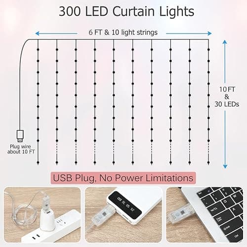 KepStars Curtain Lights 10ft x 10ft, 300 LED Twinkle Fairy String Lights Curtain with Remote & Timer, IP65 Waterproof, USB Powered for Indoor Outdoor Wall Bedroom Backdrop Christmas Decor - Warm White thumbnail 6