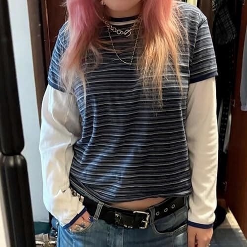 Y2k Grunge Striped Shirts Teen Girls Women Scene Alt 2000s Clothes Long Sleeve Emo Goth Top Vintage Graphic Tees thumbnail 4