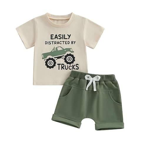 Toddler Boy Clothes Baby Kids Letter Truck Summer Outfit T-shirt Shorts Set | 6 12 18 24 Months 2T 3T 4T 5T Boys Clothing, Cotton Blend 2 Piece Outfits, Non-cracking Cartoon Print Shirt Tees - Image 1