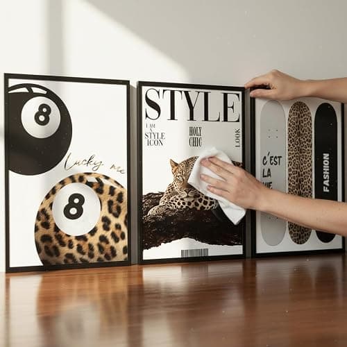 3Pcs Trendy Leopard Wall Art Preppy Aesthetic Stylish Leopard Painting Picture Wall Decor Funky Lucky 8 Ball Cheetah Poster Print Artwork for Bedroom Living Room Bathroom Home Decoration Unframed thumbnail 4