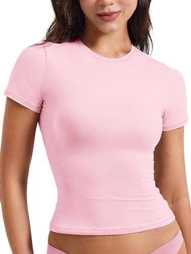 YEOREO Women Fitted Workout Tops Short Sleeve Double Lined Basic Y2K Going Out Crew Neck Compression Crop Top thumbnail 5