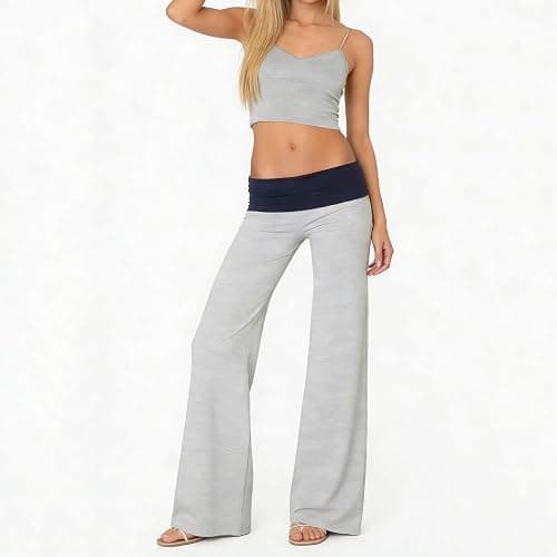 FOMOYUU Women's Fold Over Lounge Pants Low Rise Wide Leg Yoga Sweatpants Stretchy Bell Bottoms Leggings Roll Over Pants thumbnail 3