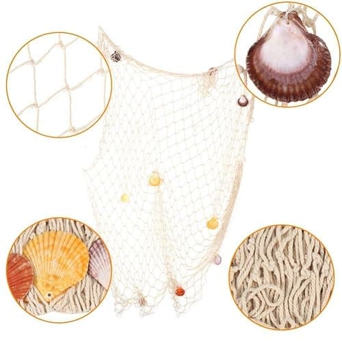 Rosoz Nature Fish Net Wall Decoration with Shells, Ocean Themed Wall Hangings Fishing Net Party Decor for Pirate Party,Wedding,Photographing Decoration thumbnail 2