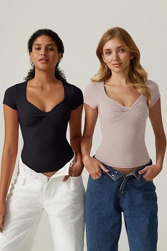 QINSEN Women's Twist Front V Neck T Shirts Double Lined Short Sleeve Slim Fit Crop Top Trendy Y2K Tops Tee thumbnail 5