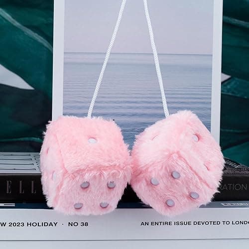 Fuzzy Plush Dice for Car Mirror, Pair of Retro 3” Light Pink Dice with White Dots for Car Interior Hanging Ornament Decoration (Light Pink) thumbnail 3