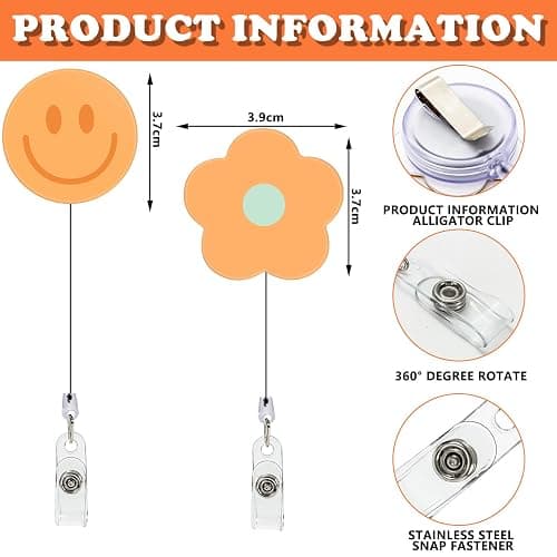 Whaline 8Pcs Preppy Flower Smile Face Badge Reel with Clips Retractable Cord Colorful Groovy ID Badge Reel Name Tag Badge Holder for Office Hospital Teachers Favor thumbnail 3