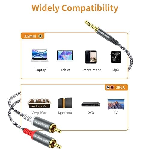 MCSPER RCA to 3.5mm AUX Cable, (6.6 Feet) 3.5 mm 1/8 to RCA 2-Male Headphone Jack Adapter Splitter Premium Stereo Audio Cord for Connects a Smartphone, Tablet, HDTV thumbnail 6