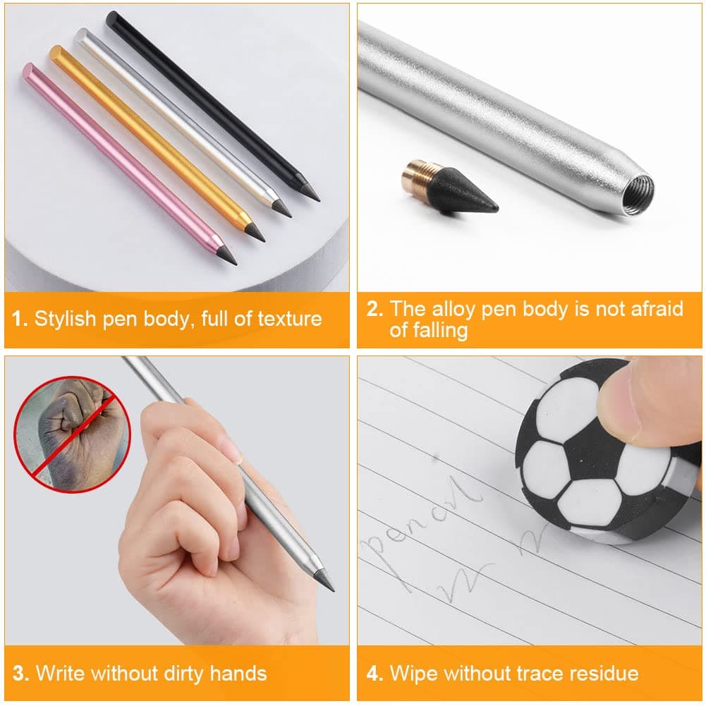 AUAUY Ink Free Pen, Portable Eternal Metal Pen, Interchangeable with 2 Spare Tips, for Writing, Home, Office, Drawing, Delivery, 2pcs (Black + Silver) thumbnail 2